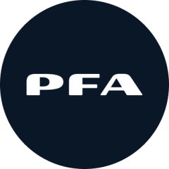 The logo of PFA Pension in white with a dark blue background.