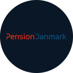 The logo of PensionDanmark with a dark blue background.