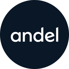 The logo of andel in white with a dark blue background.