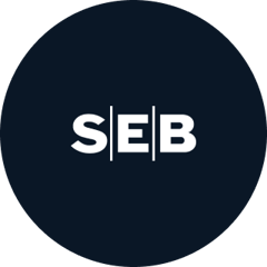 The logo of SEB in white with a dark blue background.