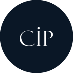 The secondary logo of CIP in white with a dark blue background.